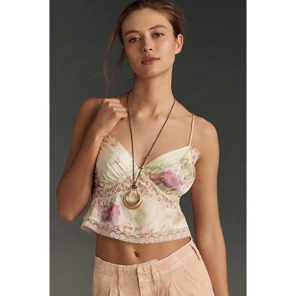 LoveShackFancy Spritely Cami Silk Lace Floral Green Pink Cream Snap Closure 12